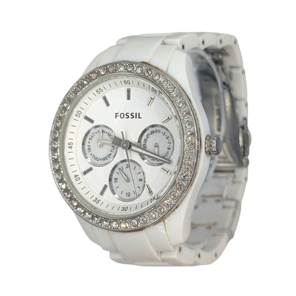 Fossil Stella Watch Women's White Crystal Bezel WORKING & New Battery ES1967